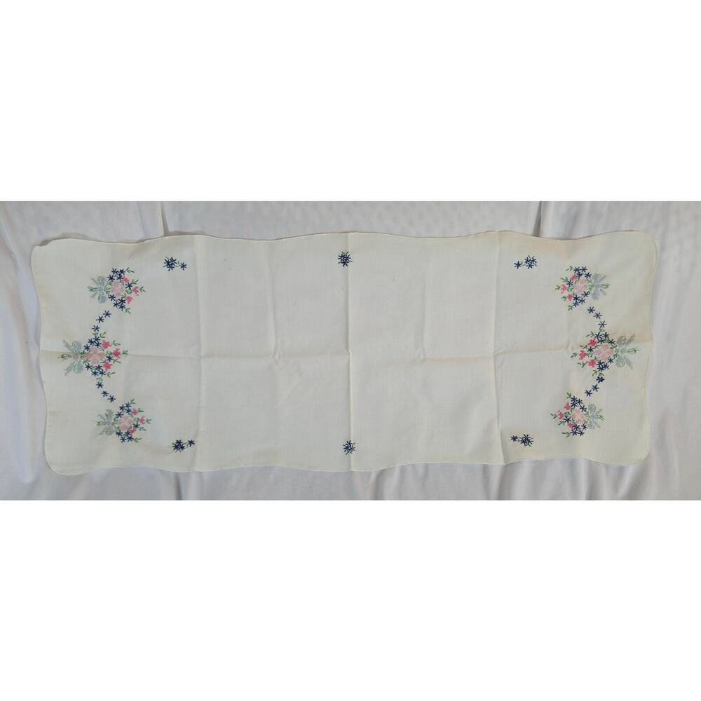 Vintage Embroidered Floral Design Table Runner 40" x 16" Blue Green Pink White